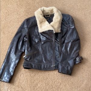 Brown Laundry leather jacket with faux fur trim
